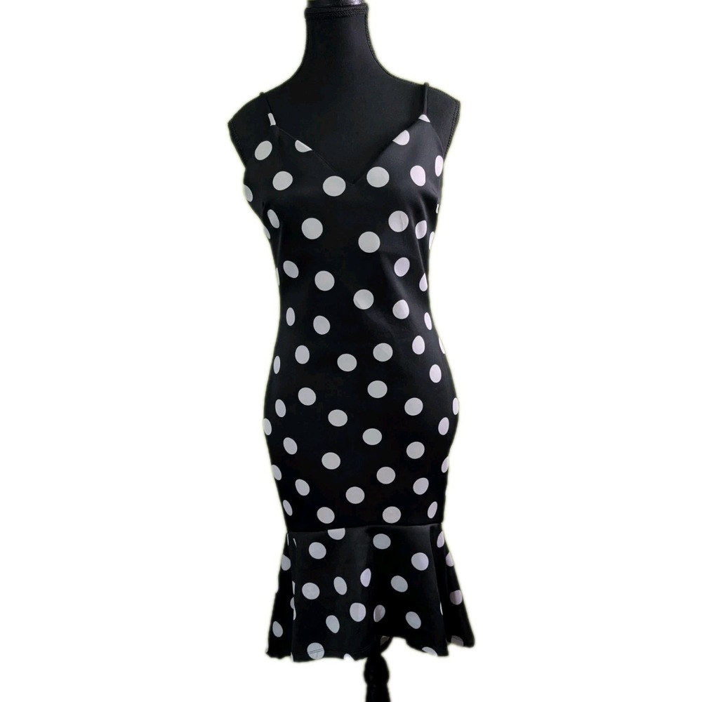 Iris Polka Dot Mermaid Midi Dress Black White Spaghetti‎ Strap Size L